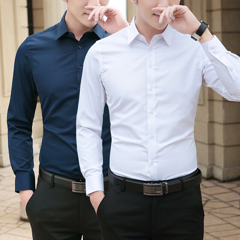 春季白衬衣男长袖商务休闲青年韩版修身潮流薄款短袖衬衣衬衫方领