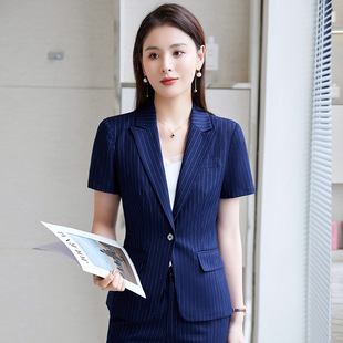 酒店前台珠宝店工作服高端灰色条纹西装套装女夏季薄款短袖职业装