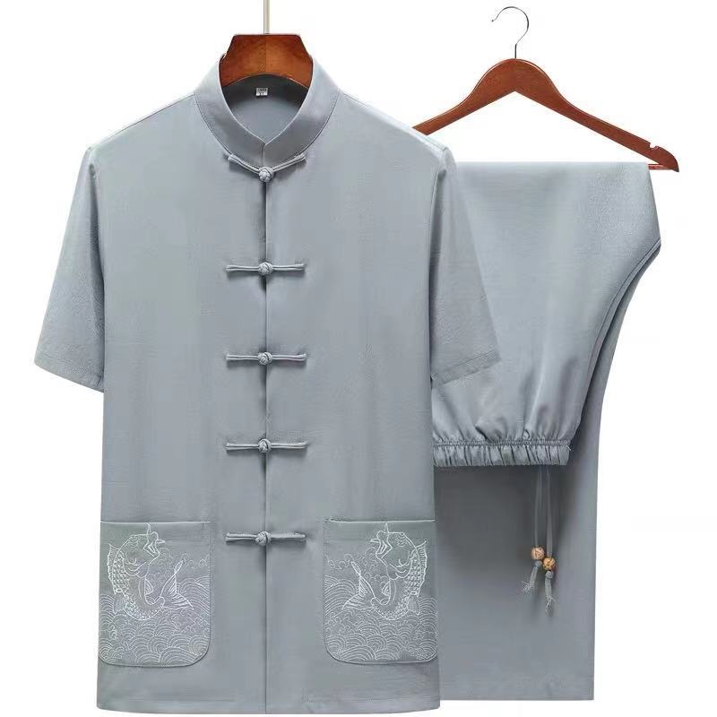 中亚麻唐装男套装刺绣居士服春夏