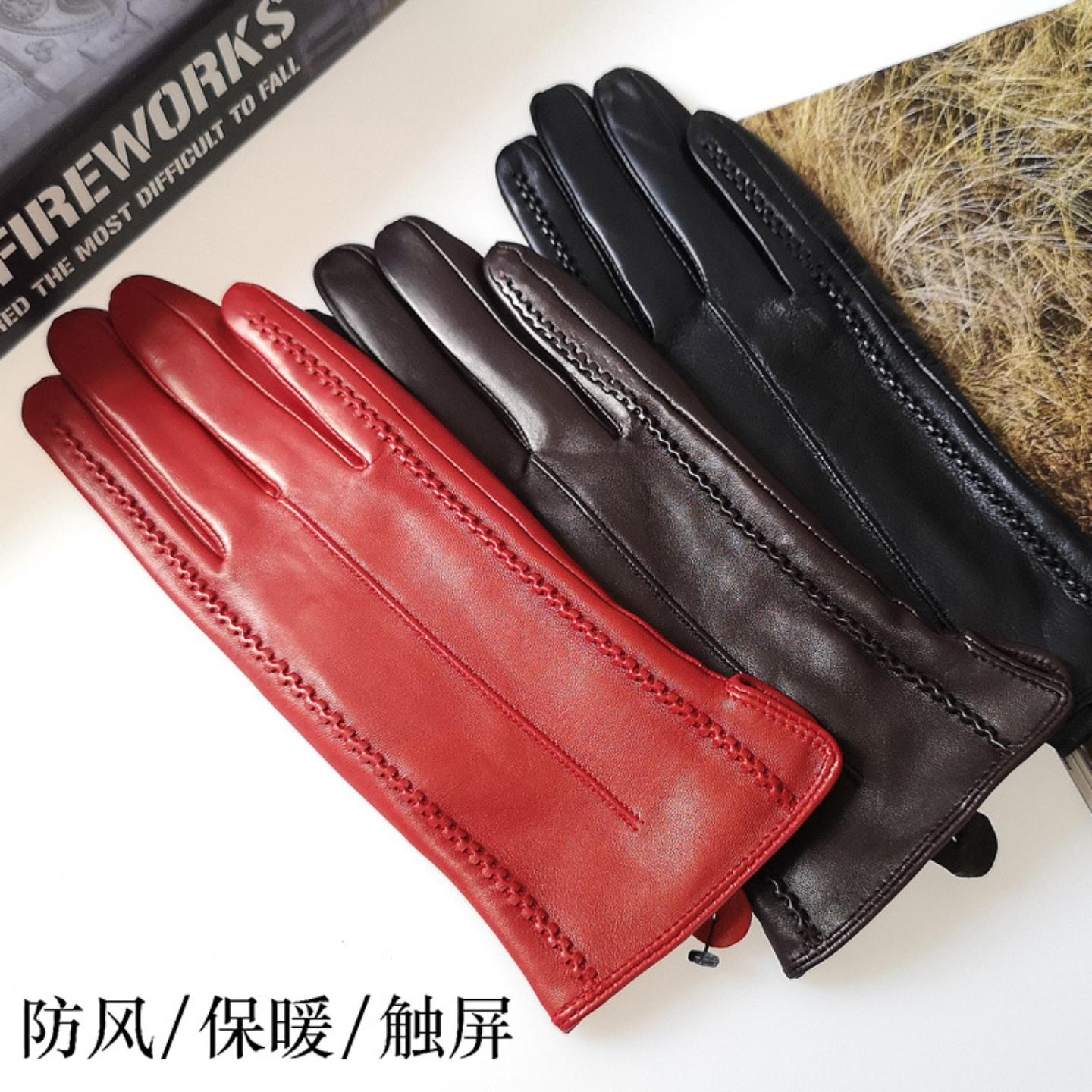 女春秋冬皮革手套保暖骑行开车户外加绒触屏防风防泼水修饰手型