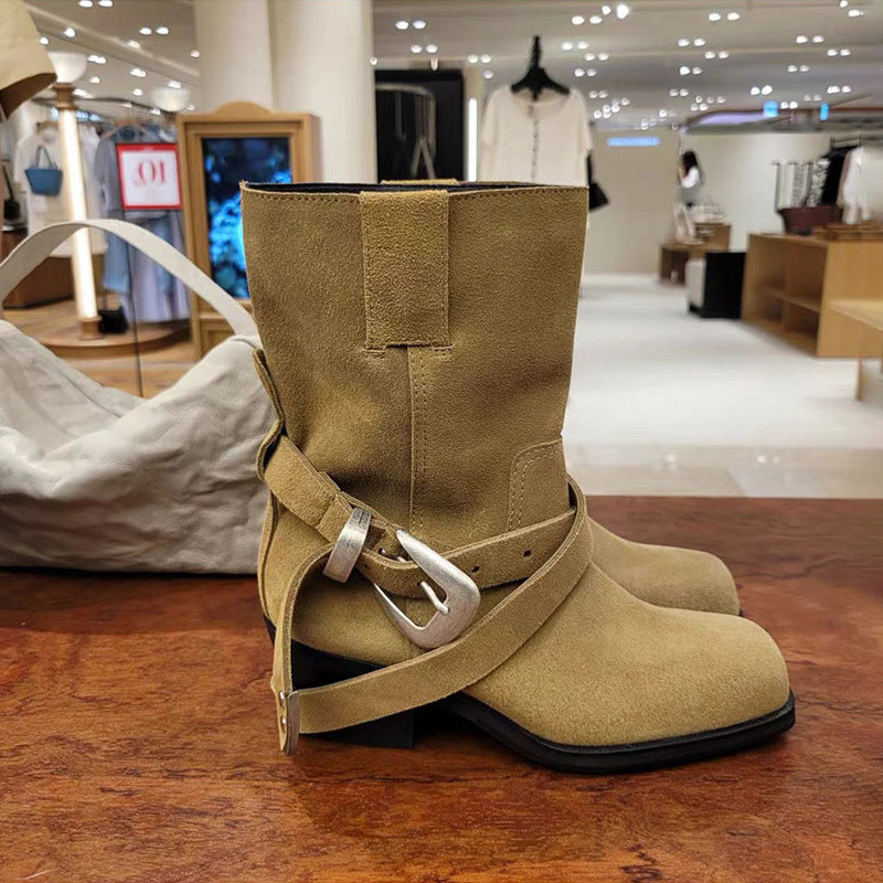 牛皮版~真皮磨砂西部牛仔骑士靴女复古百搭皮带扣粗跟中筒马丁靴