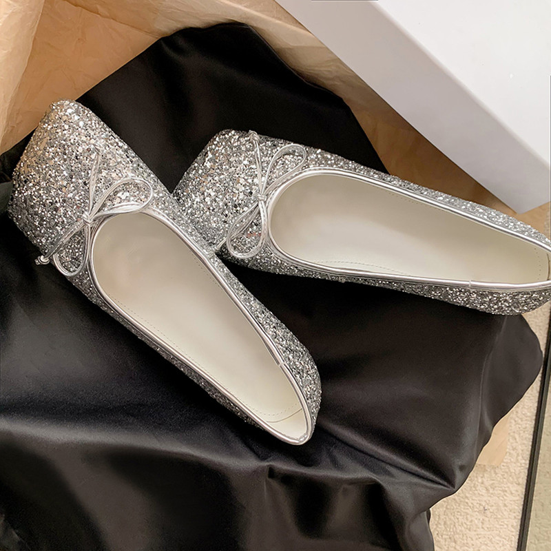 羊皮版~方头晚晚风玛丽珍鞋女2025春新款真皮蝴蝶结银色平底单鞋