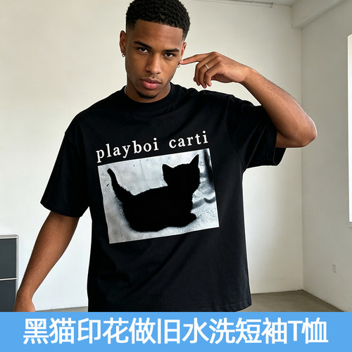 PLAYBOI CARTI WHOLE LOTTA RED 黑猫短袖水洗做旧T恤