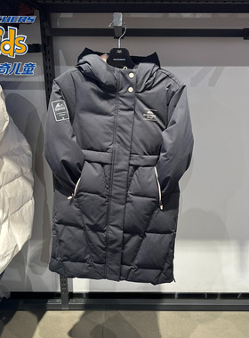 斯凯奇女童长款羽绒服冬季童装儿童保暖黑色运动羽绒外套P425G016