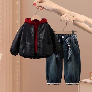 洋气女孩皮衣外套牛仔裤 女童秋装 2025新款 套装 超好看秋三件套 韩版
