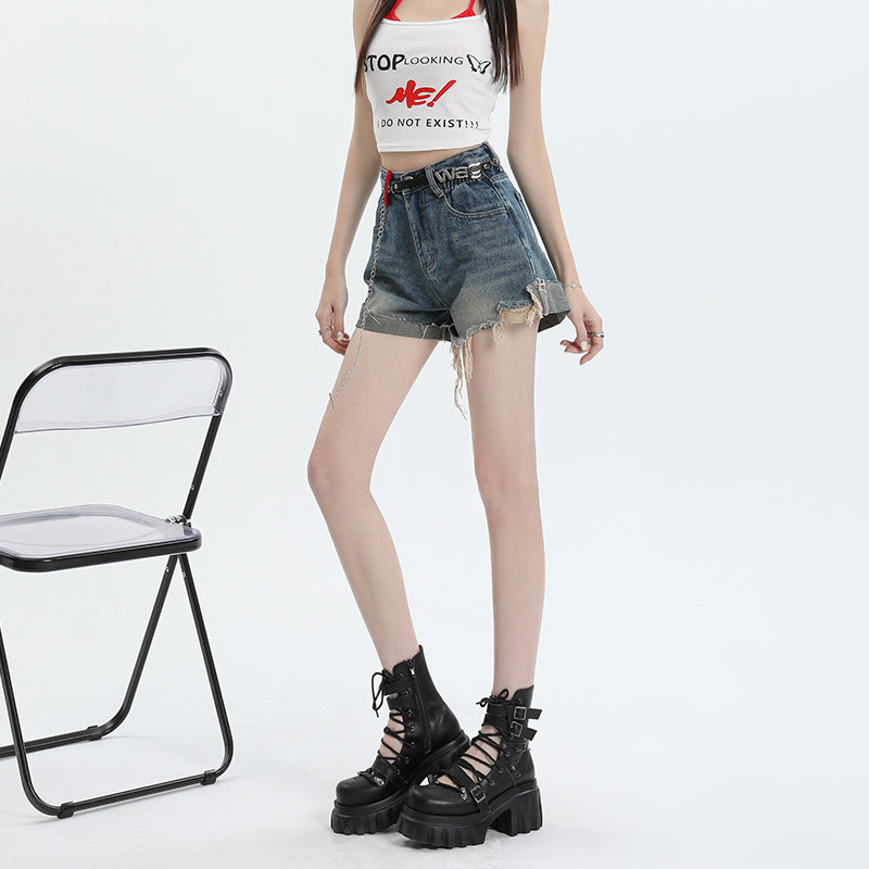 美式复古毛边破洞牛仔短裤女2026新款高腰显瘦撞色口袋a字热裤子