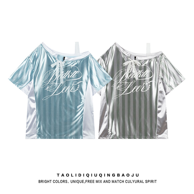 Blokette Chic: Off-Shoulder Striped Lace Summer Tee for Women - Product image 4