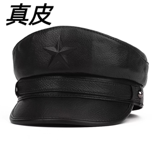 新款牛皮复古真皮船长男士贝雷帽机车男鸭舌帽五角星平顶帽子水手
