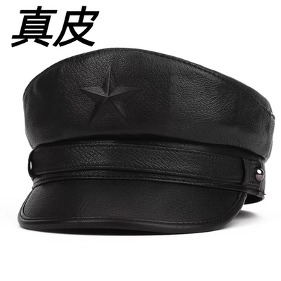 新款牛皮复古真皮船长男士贝雷帽机车男鸭舌帽五角星平顶帽子水手
