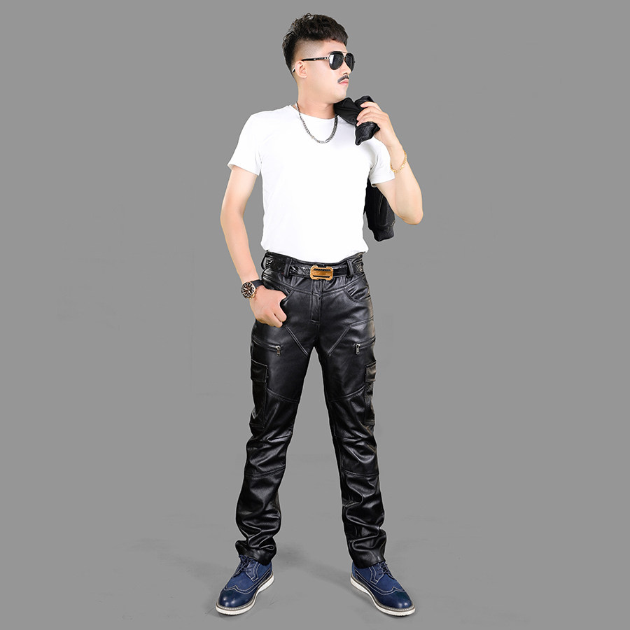 할리 가죽 바지 남성용 소가죽 슬림 발 오토바이 라이딩 바지 오토바이 캐주얼 트렌디 바지