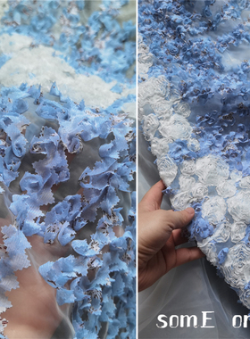 蓝色优雅绽放盘花绣花 软纱布料蕾丝服装婚纱汉服面料手工diy布