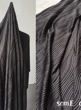 黑色科罗拉立体条纹肌理弹力压褶皱艺术时装diy设计师服装面料
