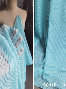 蓝色线条网纱 薄款纱裙布料diy柔软丝滑透明服装设计师面料布