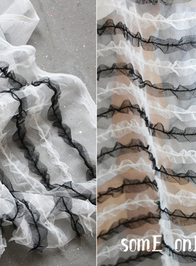 高档黑白色竖条纹透明花边软网纱 细条透视蕾丝连衣裙设计师布料