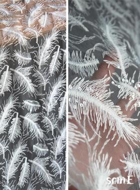 设计师面料 白色仙气孔雀羽毛刺绣蕾丝网纱 婚纱礼服绣花服装布料