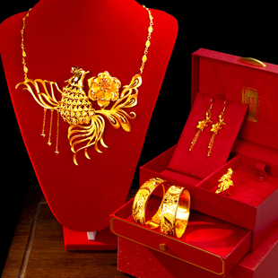 新款镀金结婚假三金火凤凰花流苏项链仿真新娘订婚摆台假五金套装