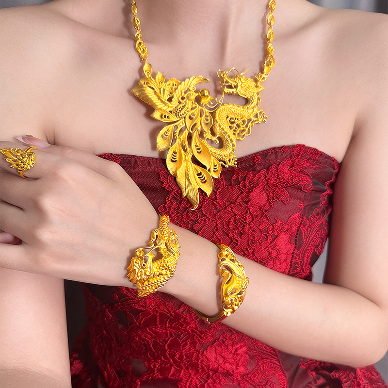 金店新款龙凤项链套装新娘结婚假五金道具镀黄金色婚嫁龙凤手镯女