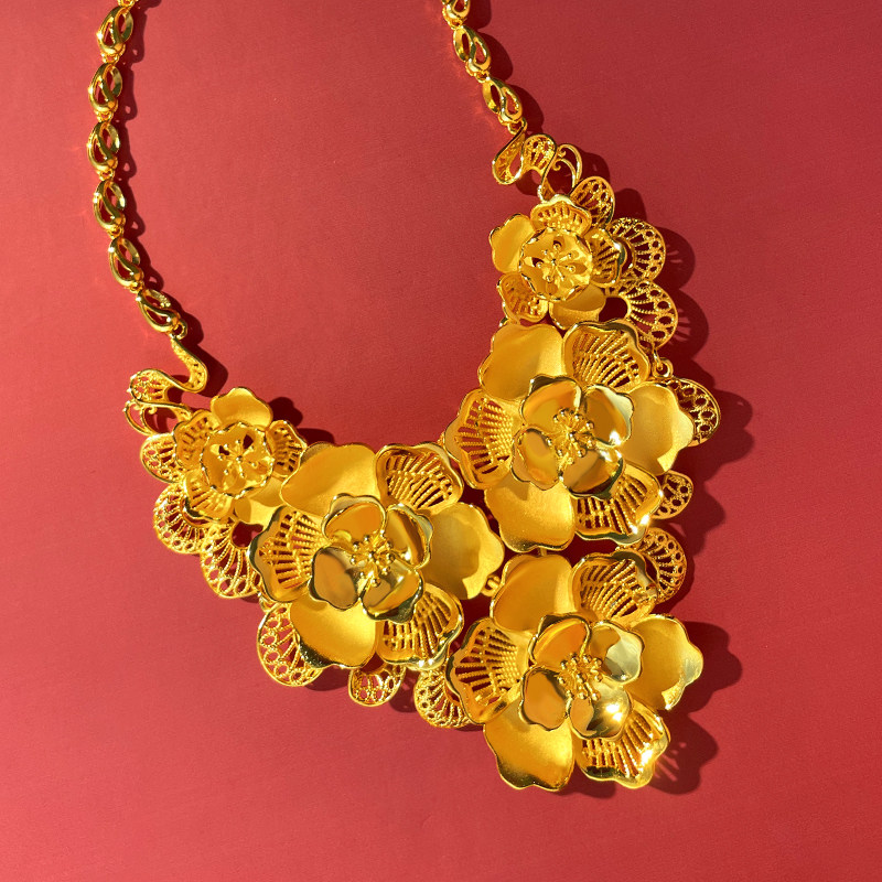 新款花朵结婚三金项链镀黄金色龙凤手镯订婚套装道具新娘沙金饰品