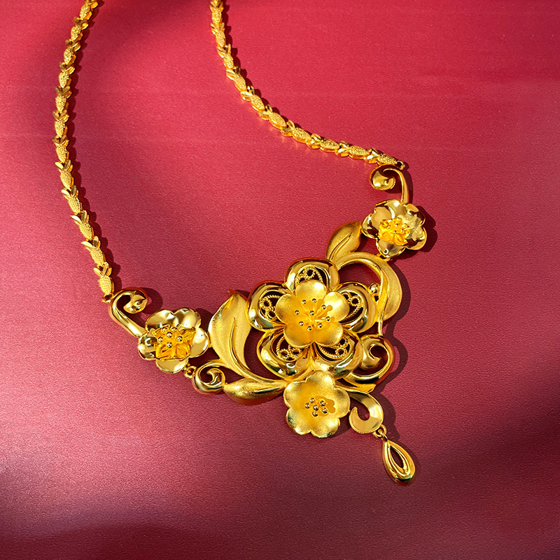 新款镀黄金色项链仿真龙凤荷花新娘结婚三金项链首饰龙凤手镯套装