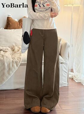 美式咖色阔腿牛仔裤女秋冬加绒显瘦胖mm梨型身材宽松大码直筒裤子