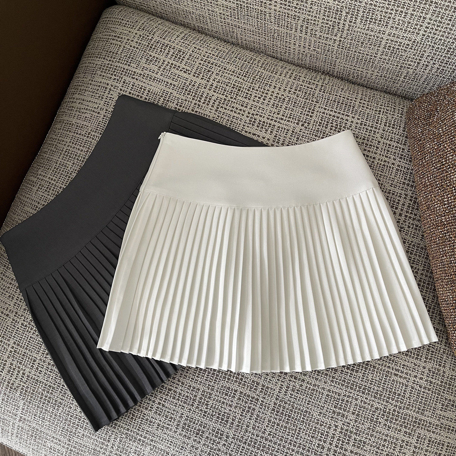 FASC自制 白色西装百褶裙半身裙女夏新款灰色小个子a字裙黑色短裙