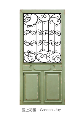 爱上花园|园艺杂货 露台阳台装饰摆件 铁艺花窗实木做旧绿色门板