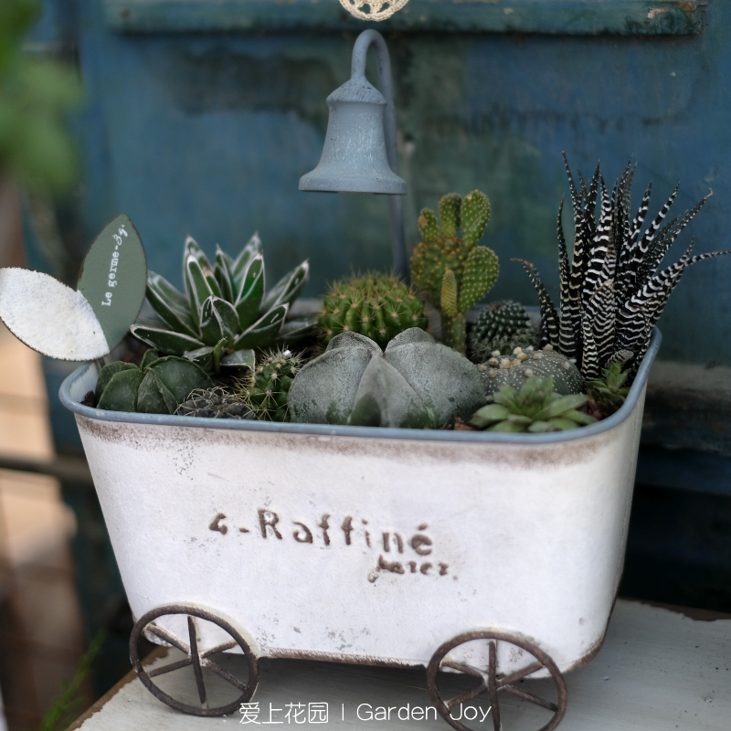 爱上花园|园艺杂货做旧铁艺室内草花套盆花盒 铁皮水龙头两轮花车