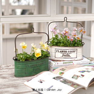 ins阳台神器 饰铁皮椭圆形提桶花盆 爱上花园 外贸做旧壁挂装