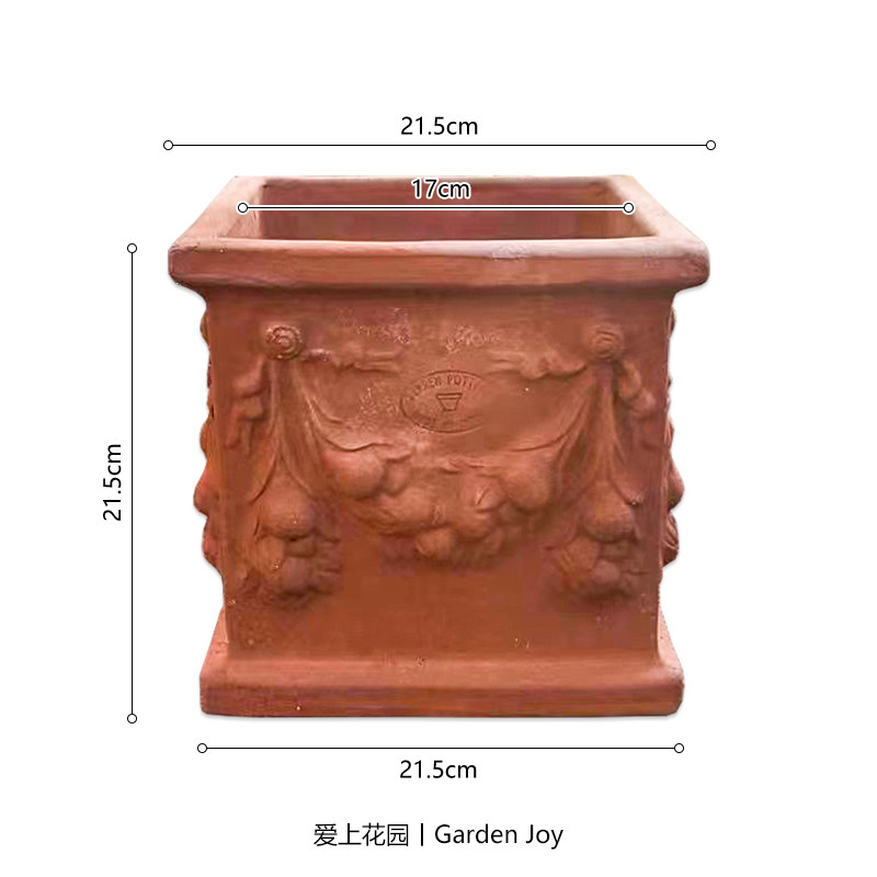爱上花园 园艺杂货 花园装饰摆件 粗陶红陶花盆 铃花丝带四方陶盆