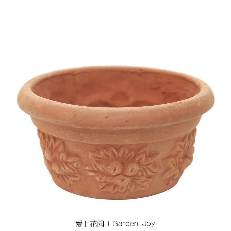 粗制立体浮雕红陶缸透气花盆