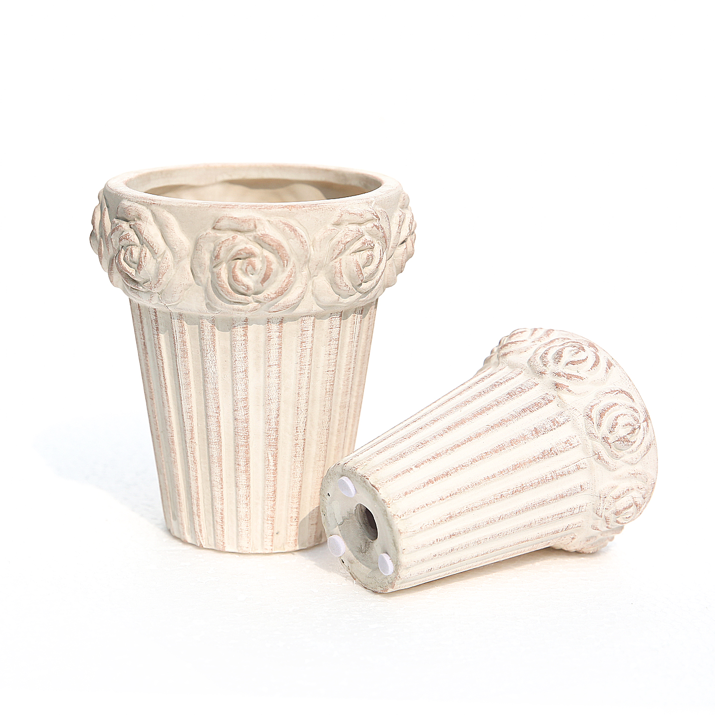 爱上花园杂货庭院阳台花盆陶瓷扑白做旧玫瑰花边竖纹迷你花盆