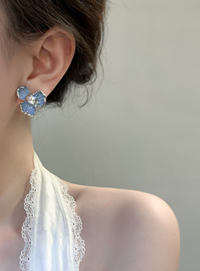 999纯银耳针蓝色鸢尾花耳钉轻奢高级感气质耳环2025新款爆款耳饰