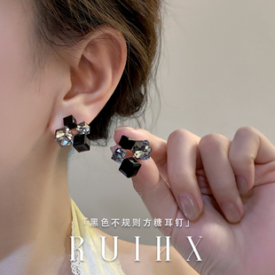 999纯银耳针黑色方糖耳钉女小众设计立体方块耳环高级感气质耳饰