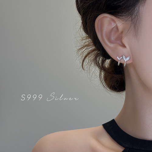 999纯银耳针双鱼尾耳环
