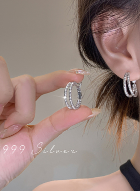 999纯银耳针双层碎银耳环女轻奢小众设计高级感耳环百搭气质耳饰