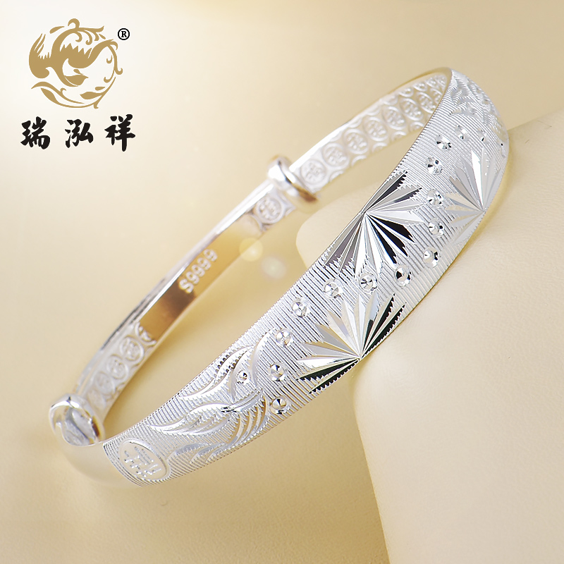 瑞泓祥9999银手镯纯银女送妈妈凤百福字推拉足银手镯中老年银饰品