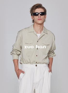 作含/24秋季白色翻领双口袋工装长袖衬衫男轻熟衬衣外套