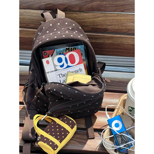 棕色波点双肩包大容量背包2025新款 复古撞色帆布包大学生上课书包