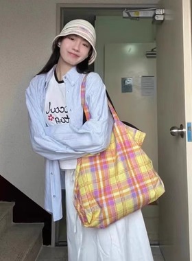 2024复古高颜值格纹橙色大容量托特包腋下包便携时尚百搭帆布袋潮