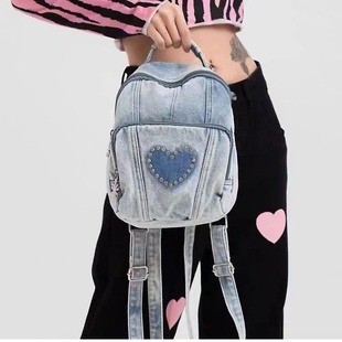 韩版 水钻爱心小背包可爱迷你学生上课通勤书包 复古牛仔双肩包时尚