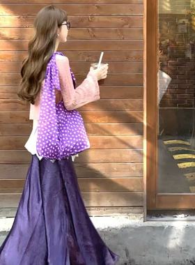 2026新款紫色波点碎花帆布包女打结肩带大容量通勤托特单肩斜挎包