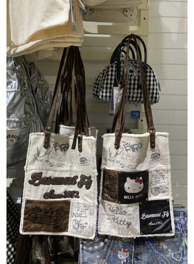 章若楠同款帆布包猫咪拼接托特包高级感通勤百搭单肩包腋下斜挎