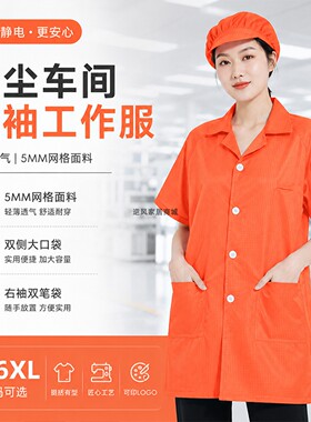橙色网格防静电大褂长款短袖无尘工作服电子食品厂净化车间洁净服