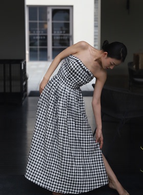 照照自制dissh小众亚麻收腰ins风抹胸莫瑞系松弛感口袋长裙连衣裙