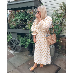 sleeper同款重工限量版黄色波点纯亚麻吊袖法式一字肩方领连衣裙