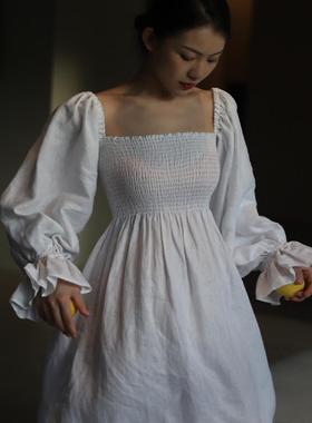 定制sleeper同款亚麻复古灯笼袖长裙法式优雅落肩文艺氛围连衣裙
