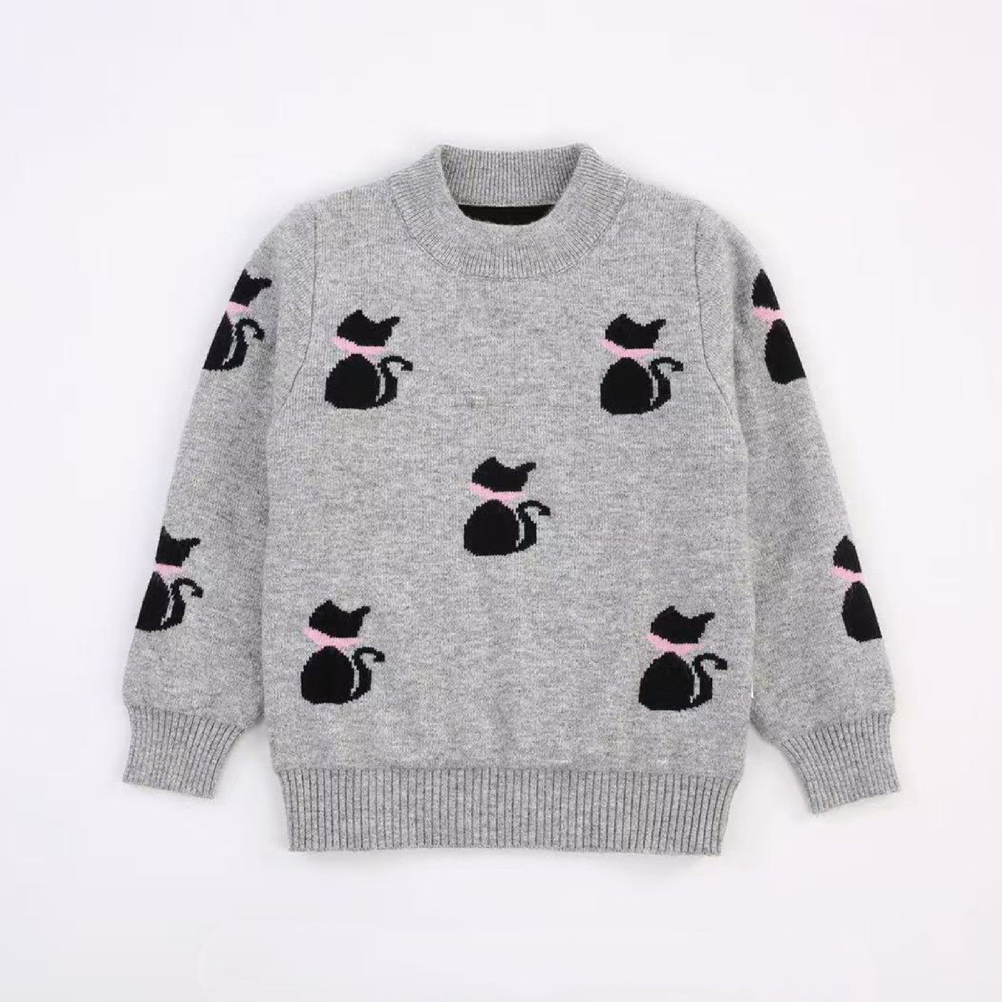 冬款儿童羊绒衫女童毛衣加厚套头针织中大童宝宝卡通猫羊毛打底衫