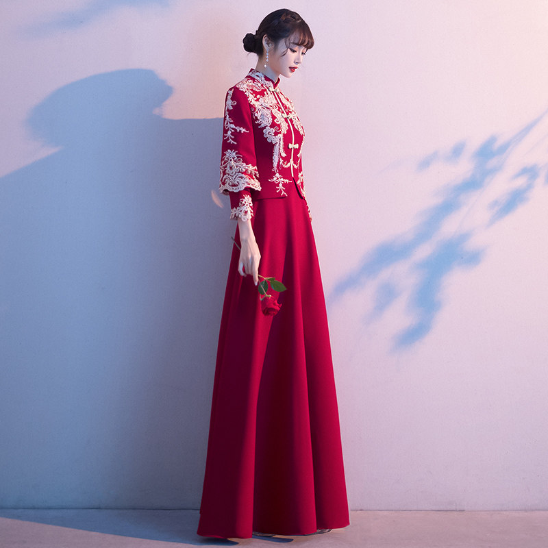 大气中式新娘敬酒服旗袍2020新款秀禾服长袖中国风结婚晚礼服裙女