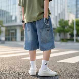 男童软牛仔五分裤六分裤夏季冰丝儿童男款马裤中裤过膝大短裤外穿