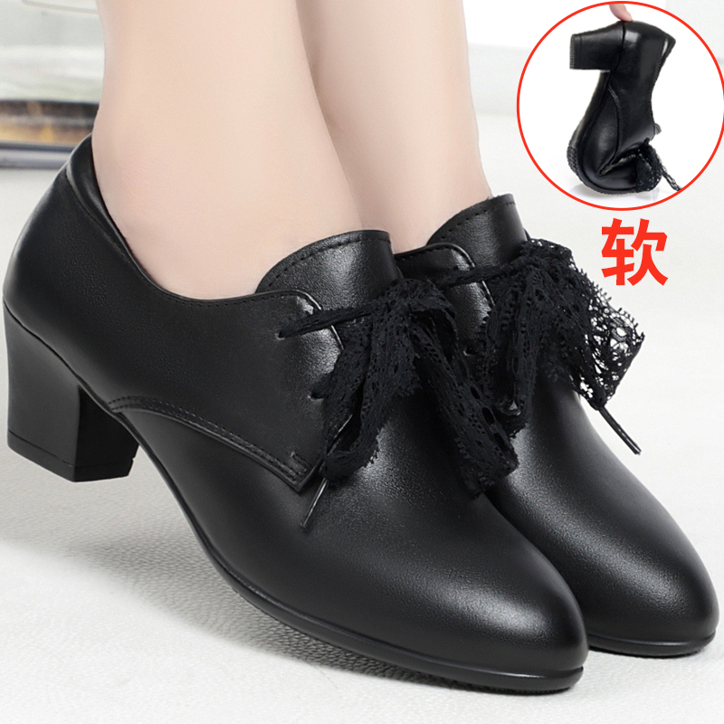 妈妈鞋真皮软底单鞋粗跟女牛皮鞋
